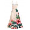 Vacation Hawaiian Couple Outfit Hibiscus Floral Tropical Leaf Print Lace Hollow Out Slit Dress and Shirt Set - LIGHT PINK S | US 4