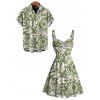 Hawaiian Couple Outfit Sun Moon Tropical Floral Leaf Botanical Print Ruched Bust Mini Dress and Shirt Set - Olive Verte S | US 4