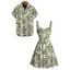 Hawaiian Couple Outfit Sun Moon Tropical Floral Leaf Botanical Print Ruched Bust Mini Dress and Shirt Set - Olive Verte S | US 4