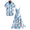Hawaiian Couple Outfit Lily Floral Shell Print Lace Hollow Out Slit Dress and Shirt Vacation Set - Blanc S | US 4