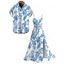 Hawaiian Couple Outfit Lily Floral Shell Print Lace Hollow Out Slit Dress and Shirt Vacation Set - Blanc S | US 4