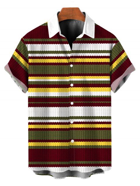 Men's Hawaiian Printed Shirt Vintage Colorblock Striped Print Button Up Shirt