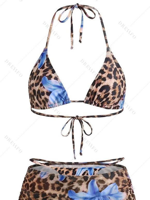 3 Pcs Beach Bikini Swimsuit Leopard Lily Floral Print Cinched Skirt Halter Vacation Swimwear Set - Bleu Ciel XL | US 12
