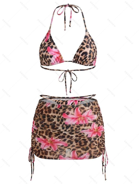 3 Pcs Beach Bikini Swimsuit Leopard Lily Floral Print Cinched Skirt Halter Vacation Swimwear Set - Rose XL | US 12