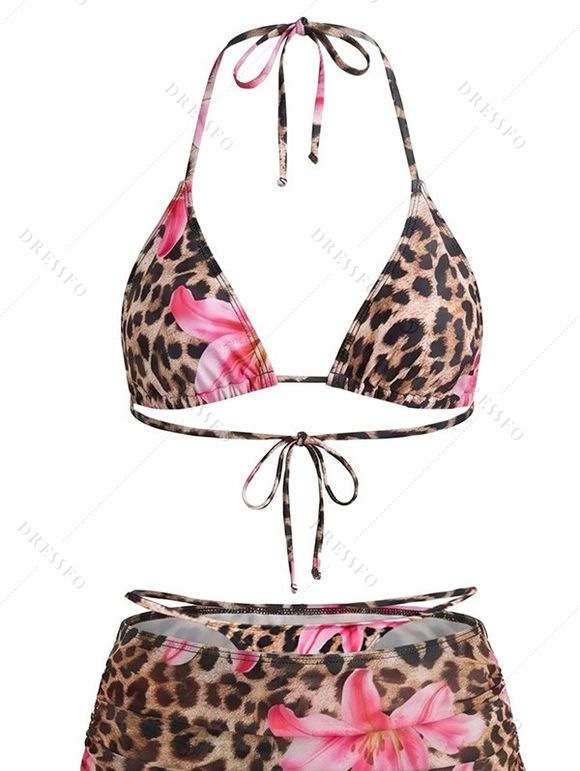 3 Pcs Beach Bikini Swimsuit Leopard Lily Floral Print Cinched Skirt Halter Vacation Swimwear Set - Rose XL | US 12