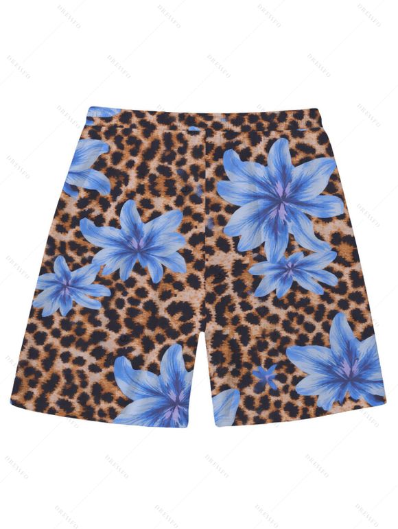 Men's Beach Shorts Leopard Lily Floral Print Pocket Drawstring Board Shorts - Bleu Ciel 5XL