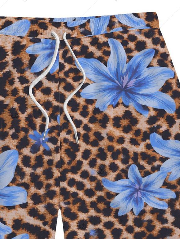 Men's Beach Shorts Leopard Lily Floral Print Pocket Drawstring Board Shorts - Bleu Ciel 5XL