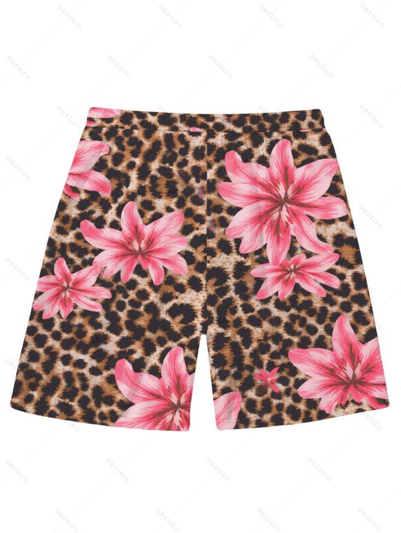 Men's Beach Shorts Leopard Lily Floral Print Pocket Drawstring Board Shorts - Rose 5XL