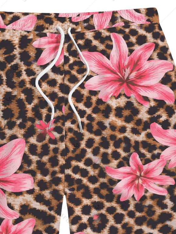 Men's Beach Shorts Leopard Lily Floral Print Pocket Drawstring Board Shorts - Rose 5XL