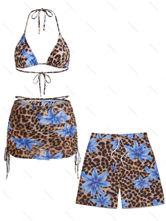 Beach Couple Outfit Leopard Lily Floral Print Cinched Skirt Halter 3 Pcs Bikini Swimsuit and Drawstring Shorts Set - Bleu Ciel S | US 4