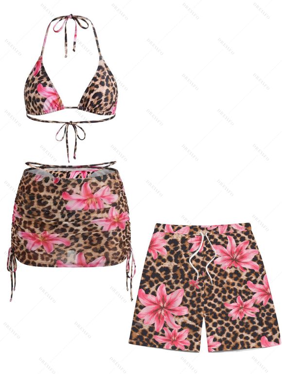 Beach Couple Outfit Leopard Lily Floral Print Cinched Skirt Halter 3 Pcs Bikini Swimsuit and Drawstring Shorts Set - Rose S | US 4