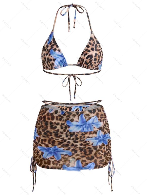 Beach Couple Outfit Leopard Lily Floral Print Cinched Skirt Halter 3 Pcs Bikini Swimsuit and Drawstring Shorts Set - Bleu Ciel S | US 4