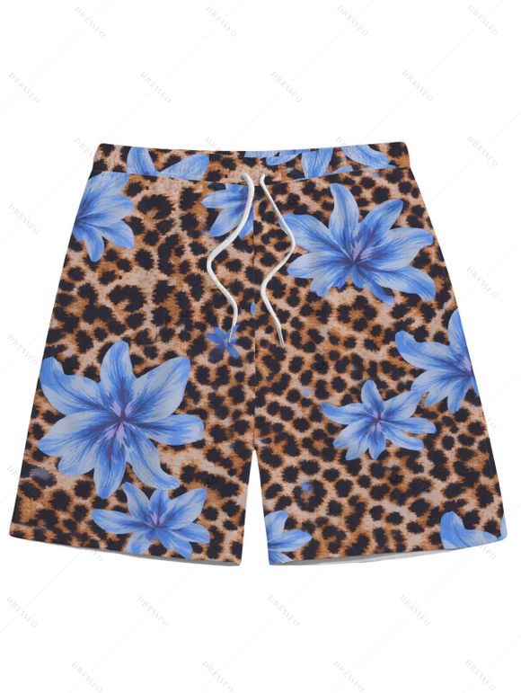 Beach Couple Outfit Leopard Lily Floral Print Cinched Skirt Halter 3 Pcs Bikini Swimsuit and Drawstring Shorts Set - Bleu Ciel S | US 4