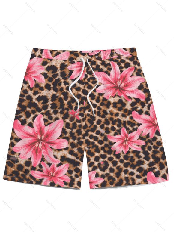 Beach Couple Outfit Leopard Lily Floral Print Cinched Skirt Halter 3 Pcs Bikini Swimsuit and Drawstring Shorts Set - Rose S | US 4