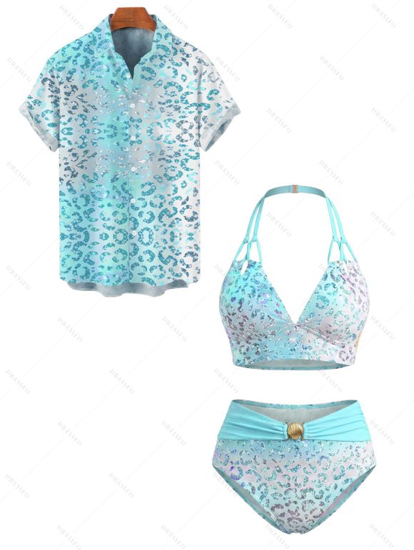 Beach Vacation Couple Outfit Ombre Sequined Leopard Print Ruched Halter Bikini Swimsuit and Shirt Set - Bleu S | US 4
