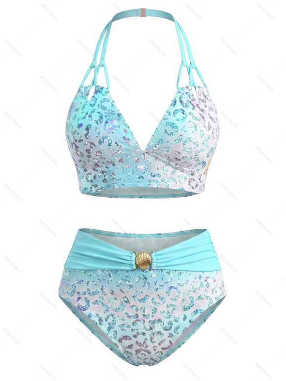 Beach Vacation Couple Outfit Ombre Sequined Leopard Print Ruched Halter Bikini Swimsuit and Shirt Set - Bleu S | US 4