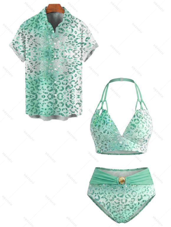 Beach Vacation Couple Outfit Ombre Sequined Leopard Print Ruched Halter Bikini Swimsuit and Shirt Set - Vert Menthe S | US 4