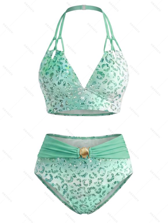 Beach Vacation Couple Outfit Ombre Sequined Leopard Print Ruched Halter Bikini Swimsuit and Shirt Set - Vert Menthe S | US 4