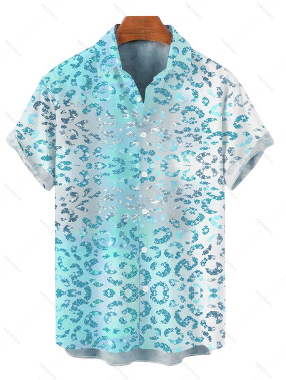 Beach Vacation Couple Outfit Ombre Sequined Leopard Print Ruched Halter Bikini Swimsuit and Shirt Set - Bleu S | US 4