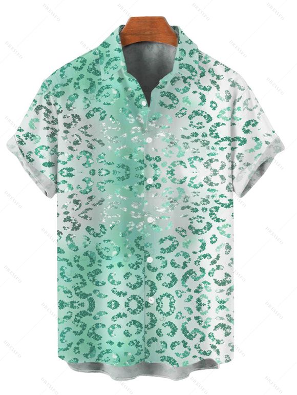 Beach Vacation Couple Outfit Ombre Sequined Leopard Print Ruched Halter Bikini Swimsuit and Shirt Set - Vert Menthe S | US 4