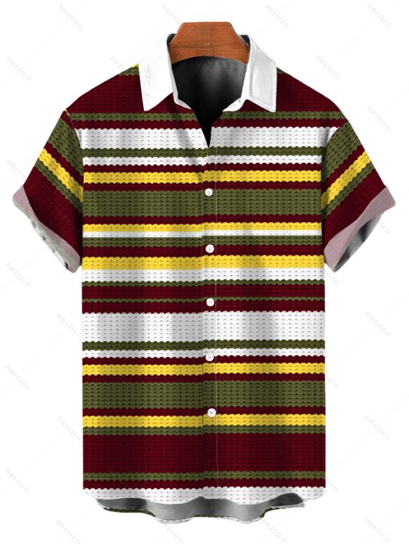 Hawaiian Couple Outfit Vintage Colorblock Striped Halter Mini Bodycon Knitted Dress and Printed Button-Down Shirt Set - multicolor A S | US 4