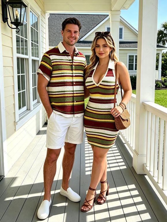 Hawaiian Couple Outfit Vintage Colorblock Striped Halter Mini Bodycon Knitted Dress and Printed Button-Down Shirt Set - multicolor A S | US 4