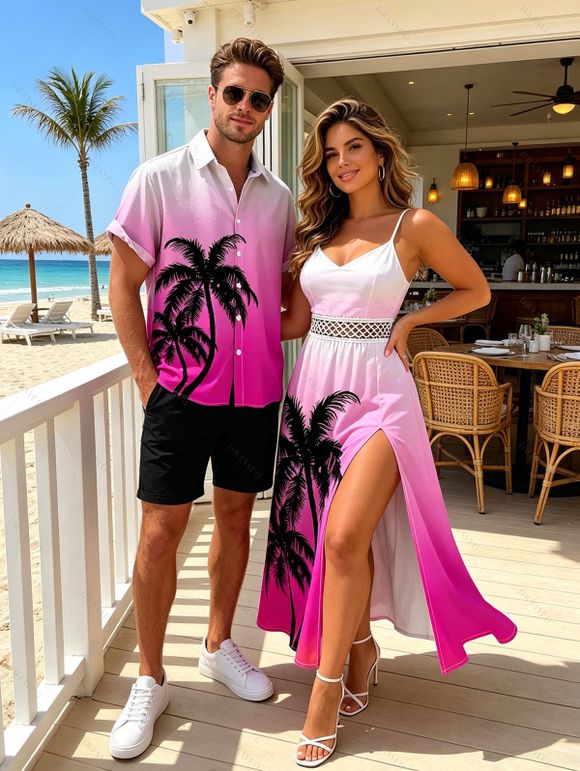Hawaiian Vacation Couple Outfit Coconut Tree Print Ombre Lace Hollow Out Slit Dress and Shirt Set - HOT PINK S | US 4