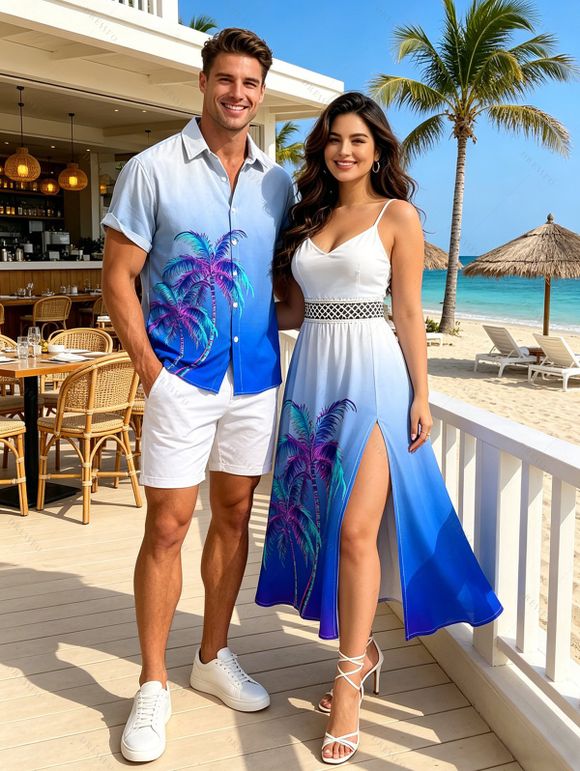 Hawaiian Vacation Couple Outfit Coconut Tree Print Ombre Lace Hollow Out Slit Dress and Shirt Set - Bleu S | US 4