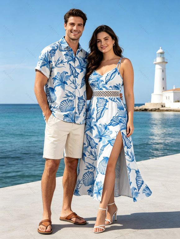 Hawaiian Couple Outfit Lily Floral Shell Print Lace Hollow Out Slit Dress and Shirt Vacation Set - WHITE S | US 4
