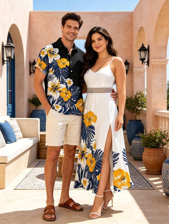 Hawaiian Couple Outfit Colorblock Hibiscus Floral Tropical Leaf Print Lace Hollow Out Slit Dress and Shirt Set - Noir S | US 4