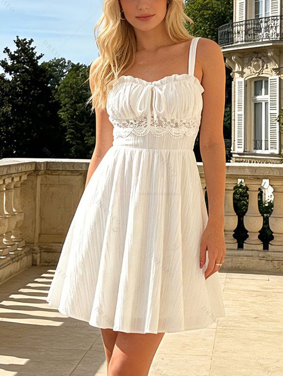 Solid Color Dress Lace Panel Scalloped Ruffle Bowknot Smocked Mini Dress - Blanc XXL | US 14