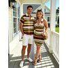 Hawaiian Couple Outfit Vintage Colorblock Striped Halter Mini Bodycon Knitted Dress and Printed Button-Down Shirt Set - multicolor A S | US 4