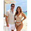Hawaiian Vacation Couple Outfit Striped Print Textured Shell Decor Halter Tankini Swimsuit and Hollow Out Shirt Set - café lumière S | US 4