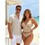 Hawaiian Vacation Couple Outfit Striped Print Textured Shell Decor Halter Tankini Swimsuit and Hollow Out Shirt Set - café lumière S | US 4