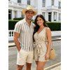 Casual Couple Outfit Striped Print V Neck Button Belt Romper and Textured Shirt Set - café lumière S | US 4
