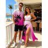 Hawaiian Vacation Couple Outfit Coconut Tree Print Ombre Lace Hollow Out Slit Dress and Shirt Set - HOT PINK S | US 4