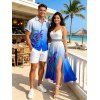 Hawaiian Vacation Couple Outfit Coconut Tree Print Ombre Lace Hollow Out Slit Dress and Shirt Set - Bleu S | US 4