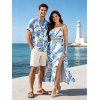 Hawaiian Couple Outfit Lily Floral Shell Print Lace Hollow Out Slit Dress and Shirt Vacation Set - WHITE S | US 4