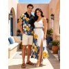 Hawaiian Couple Outfit Colorblock Hibiscus Floral Tropical Leaf Print Lace Hollow Out Slit Dress and Shirt Set - Noir S | US 4