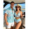 Beach Vacation Couple Outfit Ombre Sequined Leopard Print Ruched Halter Bikini Swimsuit and Shirt Set - BLUE S | US 4