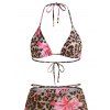 3 Pcs Beach Bikini Swimsuit Leopard Lily Floral Print Cinched Skirt Halter Vacation Swimwear Set - Rose XL | US 12
