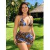 3 Pcs Beach Bikini Swimsuit Leopard Lily Floral Print Cinched Skirt Halter Vacation Swimwear Set - Bleu Ciel XL | US 12