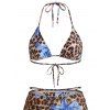 3 Pcs Beach Bikini Swimsuit Leopard Lily Floral Print Cinched Skirt Halter Vacation Swimwear Set - Bleu Ciel XL | US 12