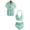 Beach Vacation Couple Outfit Ombre Sequined Leopard Print Ruched Halter Bikini Swimsuit and Shirt Set - Vert Menthe S | US 4