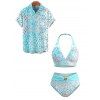 Beach Vacation Couple Outfit Ombre Sequined Leopard Print Ruched Halter Bikini Swimsuit and Shirt Set - Bleu S | US 4
