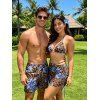 Beach Couple Outfit Leopard Lily Floral Print Cinched Skirt Halter 3 Pcs Bikini Swimsuit and Drawstring Shorts Set - Bleu Ciel S | US 4
