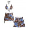 Beach Couple Outfit Leopard Lily Floral Print Cinched Skirt Halter 3 Pcs Bikini Swimsuit and Drawstring Shorts Set - Bleu Ciel S | US 4