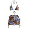 Beach Couple Outfit Leopard Lily Floral Print Cinched Skirt Halter 3 Pcs Bikini Swimsuit and Drawstring Shorts Set - Bleu Ciel S | US 4