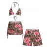 Beach Couple Outfit Leopard Lily Floral Print Cinched Skirt Halter 3 Pcs Bikini Swimsuit and Drawstring Shorts Set - Rose S | US 4