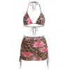 Beach Couple Outfit Leopard Lily Floral Print Cinched Skirt Halter 3 Pcs Bikini Swimsuit and Drawstring Shorts Set - Rose S | US 4